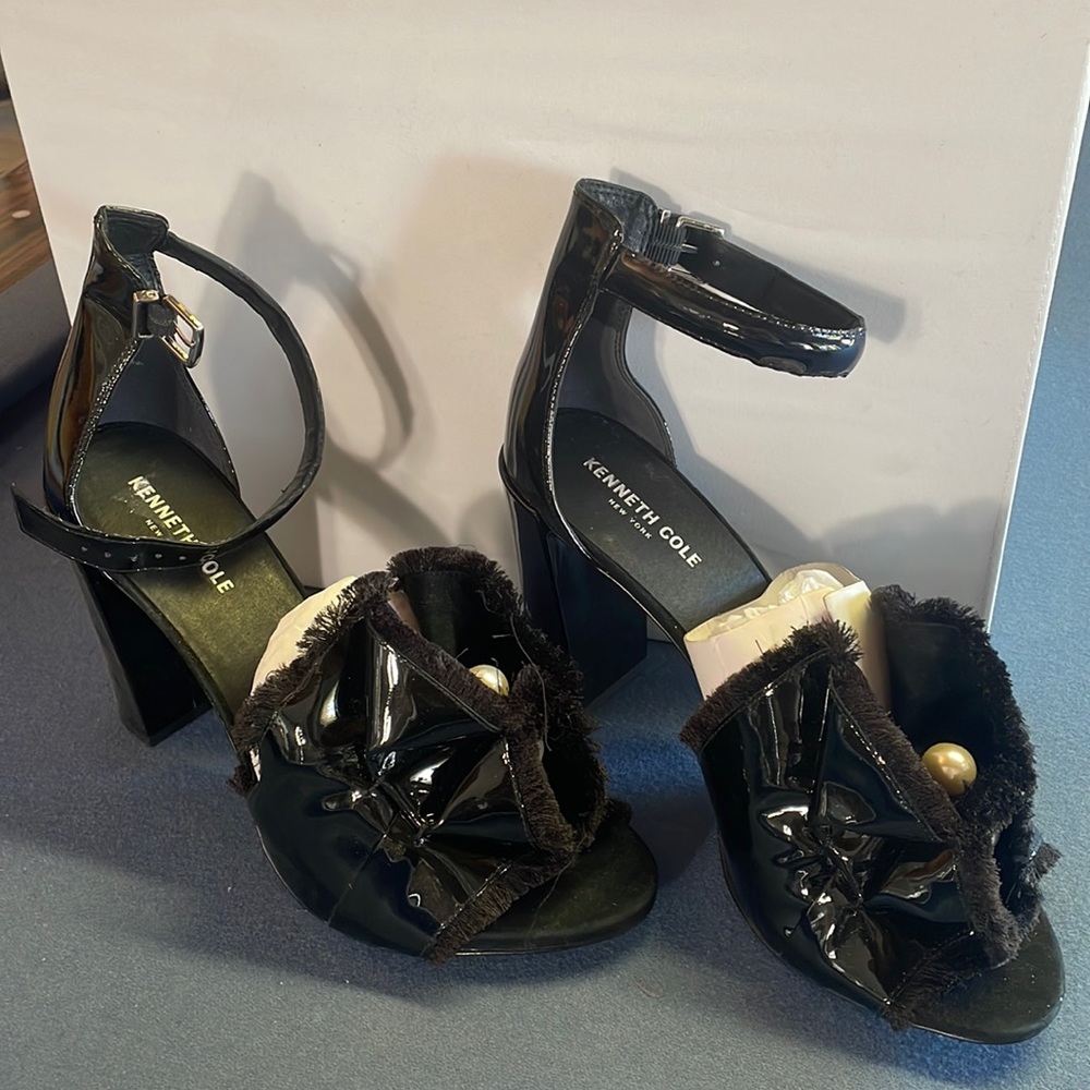 Chunky Heel with Ankle Strap, black patent with black fringe and pearl details.